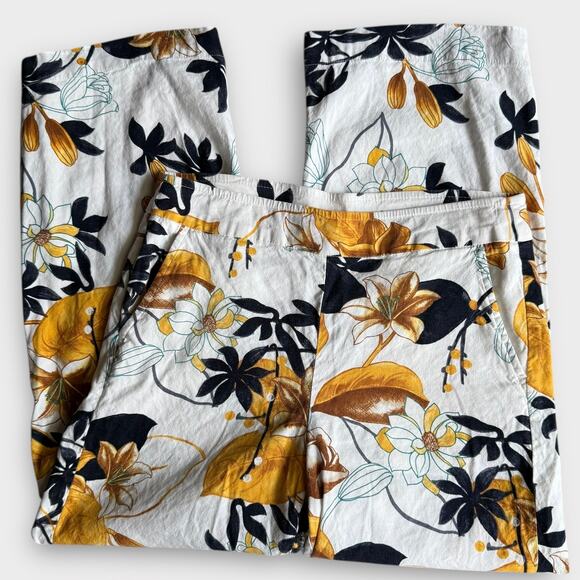 CHICO'S FLORAL LINEN BLEND PULL-ON PANTS WHITE GOLD BLACK BLUE SIZE 1R US 8R - Picture 3 of 9